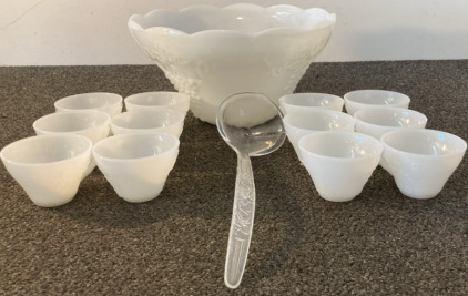 Vintage Anchor Hocking Milk Glass Punch Bowl, 12 Cups & Laddle. BB72