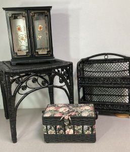 Vintage Jewelry Box, Makeup Basket, Black Wicker Set