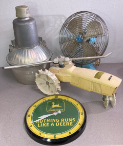 John Deere Clock, Nelson Tractor Sprinkler, Vintage Fan & Industrial Light