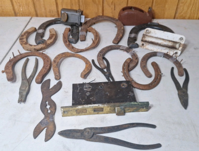 Vintage Horse Shoes, Tools & Door Lock