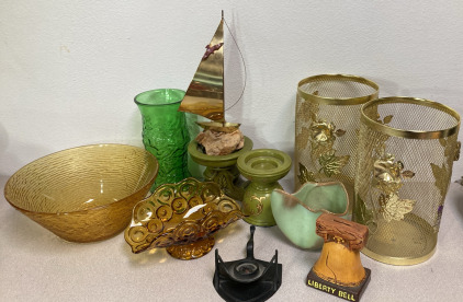 Vintage Anchor Hocking Amber Sorreno Salad Bowl, Vintage Amber Dish, Cast Iron Candle Holder & More Vintage Home Decor