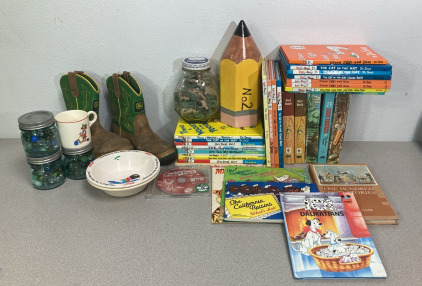 Dr. Seuss Books, Antique Marbles, Army Men, John Deer Boots & More