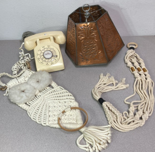 Macram&eacute; Owl, Plant Holder, Vintage Rotary Dial Phone, Copper Lamp Shade