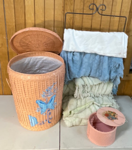 Pink Wicker Laundry Basket W/ Butterfly Painted On & Matching 1940s Pink Wicker & Wood Round Floral Decal Sewing Basket Box, 1940s Queen Sized Blanket, Green Vintage Blanket, & White Tablecloth