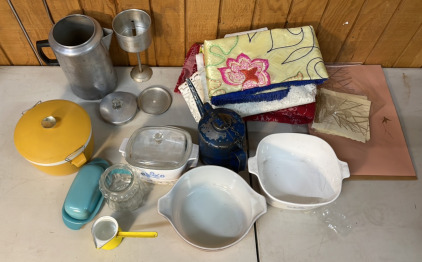Vintage Kitchenware!- (5) Tablecloths, Century Aluminum Ware Percolator, Old School Tea Pot, Vintage Huta Silesia Enamelware Long Water Dipper Plus More!