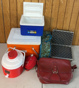 Thermos Cooler, Igloo Cooler, Blue Floral Decal Suitcase, Red Computerbag With Lock (No Key), And Gun Carrying Case