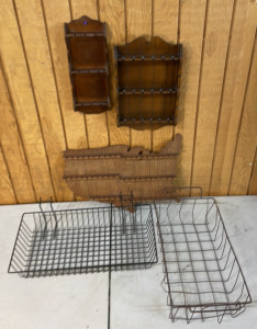 (3) Vintage Wooden Spoon Racks & (2) Metal Baskets