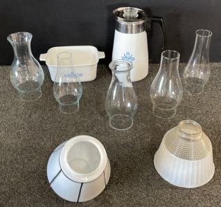 (5) Hurricane Lamp Shades, (2) Glass Shades, Coffee Percolator & Matching Casserole Dish. BB64