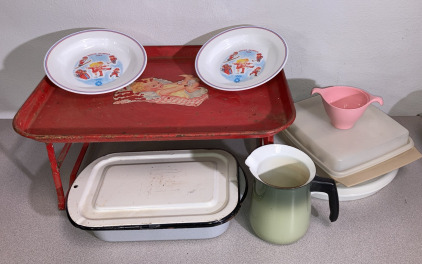 Antique Tray, Winter Olympics 1984 Bowls Tupperware, Vintage Enamel Pan With Lid, Coffee Pot & More