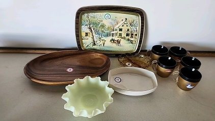 (1) Vintage Depression Glass Tray (1) Vintage Orange Glass Tray (1) Vintage Wood Tray and More!!