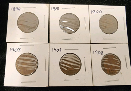 (6) Indian Head Pennies- 1890, 1891, 1900, 1903, 1906, 1908