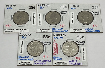 (5) Washington Quarters Dated 1965-P XF+, 1989-D BU, 1996-D AU+, 2022-D BU, 2023-D MS70
