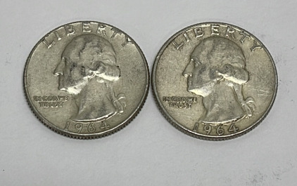 (2) Silver Washington Quarters Dated 1964