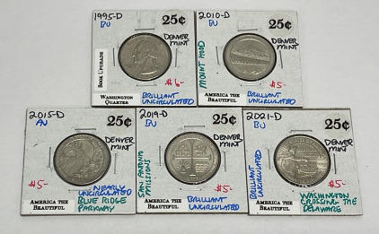 (5) Washington Quarters Dated 1995-D BU, 2010-D BU, 2015-D AU, 2019-D BU, 2021-D BU