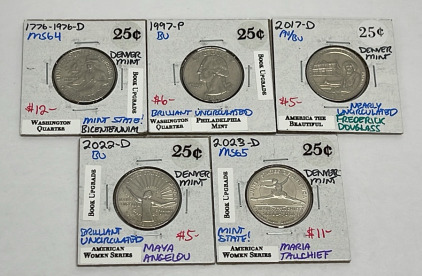 (5) Washington Quarters Dated 1776-1976-D MS64, 1997-P BU, 2017-D AU/BU, 2022-D BU, 2023-D MS65