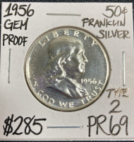 1956 PR69 Type 2 Gem Proof Silver Franklin Half Dollar