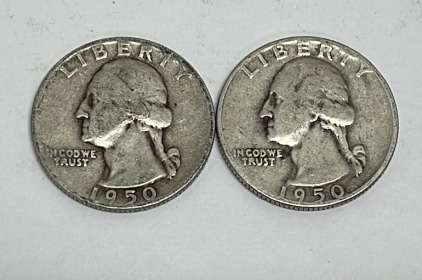 (2) Silver Washington Quarters Dated 1950