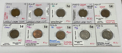 (10) Coins Total… (8) Lincoln Wheat Pennies Dated Unknown G+, 1916-P G+, 1917-P VG, 1918-D G+, 1924-P VG, 1941-P Good, 1985-P AU/BU, 1956-D BU (2) Buffalo Nickels Dated 1936-P VG/F, 1938-D F+