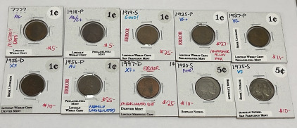(10) Coins Total… (8) Lincoln Wheat Pennies Dated Unknown AG, 1918-P AG/G+, 1919-S Good, 1925-P VF+, 1927-P VG, 1956-D XF, 1956-P AU, 1997-D XF+, (2) Buffalo Nickels Dated 1920-S Fine!, 1935-S VF