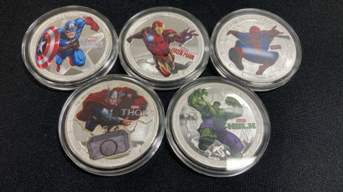 (5) Marvel Avengers Silver Plated Collectible Coins