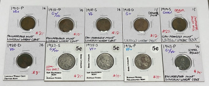 (10) Coins Total… (6) Lincoln Wheat Pennies Dated 1910-P VG+, 1910-P G+/VG, 1918-S VG, 1919-S Good, 1928-D VG (4) Buffalo Nickels Dated 1923-S G+/VG, 1935-S VF+, 1936-P VF+, 1943-P G+/VG