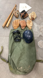 (2) Wood Baseball Bats, (6) Assorted Baseball Gloves, Military Duffel, and more