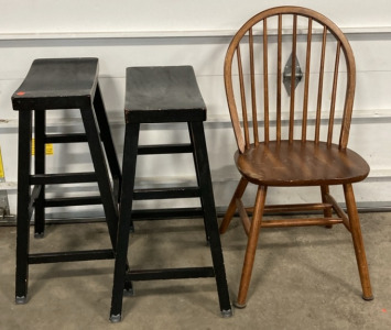 (2) Black Bar Stools, (1) Dining Chair