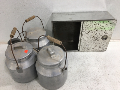 (4)Antique Aluminum Milk Cans and Steel Bread Box