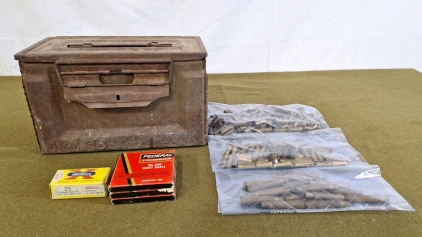 (1) Ammo Can, (50) Rounds Of 25 Ammo, (3) Boxes Of Shotshell Primers & Assorted Empty Brass