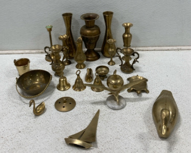 Assortment Of Brass And Copper Trinkets Including Pitchers, Vases, Bells & Much More!