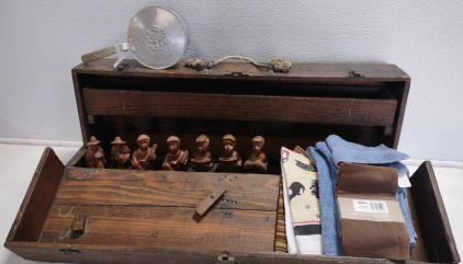 Wooden chest, (7) Minifigures, (6) Towels w/ Panned Bed Warmer