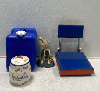 (1) Dancing Skeleton On A Tomb (1) BSU Folding Stadium Chair (1) Inspirado Dog Treat Cookie Jar & More
