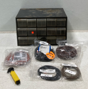 An Assortment Of Wires (1) 15 Drawer Storage Box (1) Seat Belt Cutter