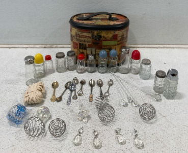 An Assortment Of Salt And Pepper Shakers (1) Vintage Post Card Style Trinket Box (8) Decorative Tiny Spoons & Much More
