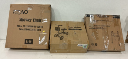 (1) Black Knee Walker, (1) Blue Aluminum Stand Assisted Folding Walker W/ Seat, (1) Shower Chair