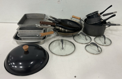 (5) Different Size Pots With 4 Lids, (6) Baking Pans, (6) Different Size Pans With 1 Lid