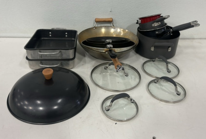 (2) Baking Trays, (4) Different Size Pans With 1 Lid, (6) Different Size Pots With 4 Lids