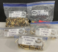 32 Auto (261) Brass (20) Ammo, (9) 16 Gauge Ammo, 32 S&W Long (76) Brass (1) Ammo, 38 Super (71) Brass (6) Ammo, & 25 Auto (73) Brass (29) Ammo