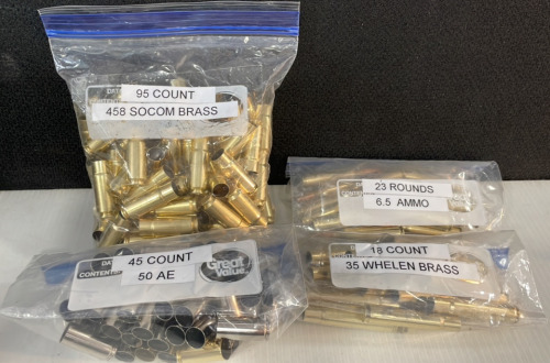 (23) Rnds 6.5 Ammo Plus (148) Rnds Brass- (95) 458 Socom, (45) 50 AE, & (18) 35 Whelen