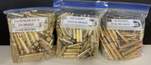 (104) 270 Win Brass W/ (3) Rnds, (200) .223/5.56 Brass, & (40) Rnds 30.06 Reloads