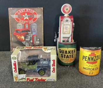 WWI Doughboy Die Cast Ford Model T Fuel Tanker Coin Bank, (2) Motor Oil Wall Hangings, Gas Pump Piggy Bank, & Rat Rod Wall Hanging