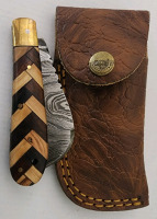 Damascus Pocket Knife With Leather Sheath