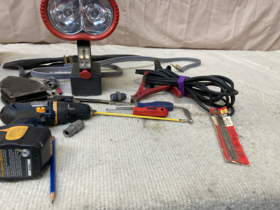 Jumper Cables, Industrial Flashlight, Drill Gun, & Assortment Of Small Tools. 4000