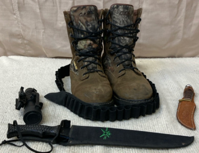 (1) Pair Of Cabelas Size 13 Boots (1) Ammunition Belt (1) Hunting Scope (2) Knives