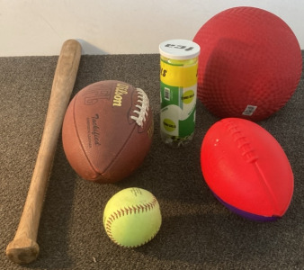 (2) Footballs, Baseball, Kick Ball, 3 Pack of Tennis Balls, Baseball Bat