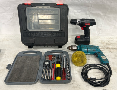 (1) Makita 1/2” Drive Drill (1) Drill Master 18 Volt 3/8” Drive (1) Black & Decker Fire Storm Storage Box (1) Travel Tool Kit