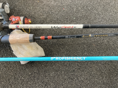 Shakespeare Crusader Fishing Pole W/ Reel (5ft), Lew’s American Hero Fishing Pole W/ Reel (6ft), Profishiency Fishing Pole W/ Reel (6.5ft)