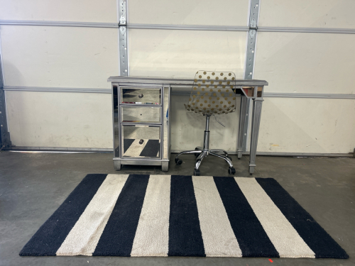 Mirrored Vanity W/ 3 Drawers & Metalic Grey Paint (48in X 22in), Polka-Dot Acrylic Rolling Chair, Black & White Rug (60in X 40in)