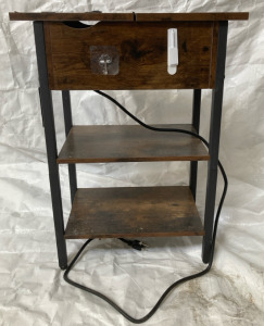 Three Tier Steel Night Stand With Wooden Drawer, Shelves, And Power Center (FN)