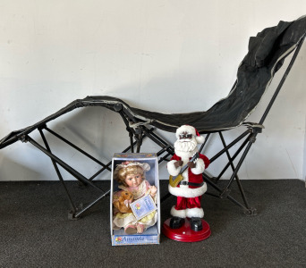 Collapsible Camping Lounge, Animated Rockin’ Santa, Timeless Treasures “Amanda” Porcelain Doll